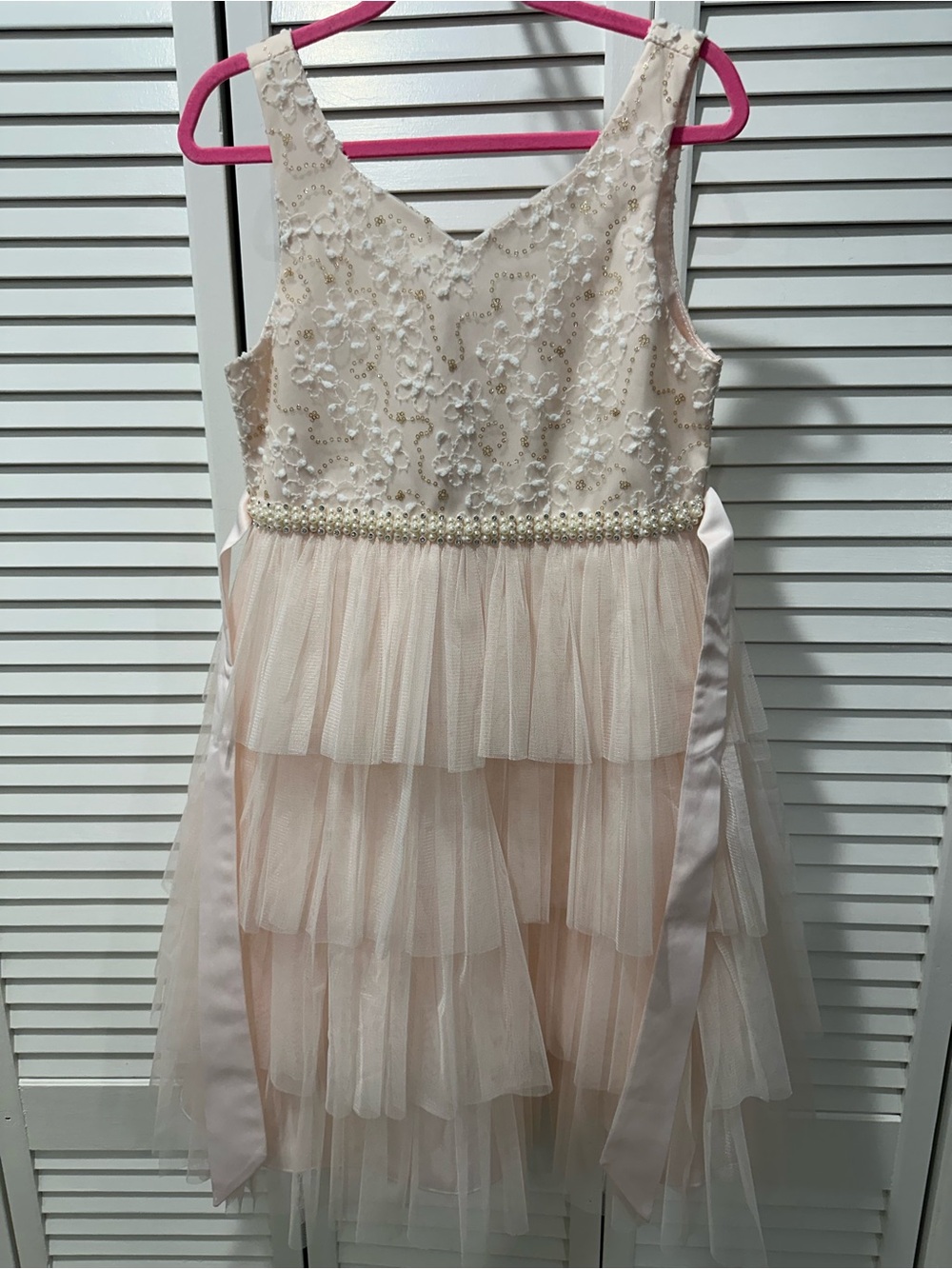 American Princess Blush Pink & Cream Pearl-Trim Tiered Tulle Dress